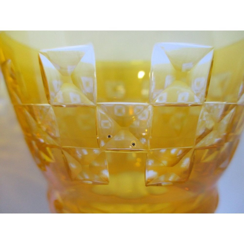 Vintage Bohemian Yellow Cased Cut to Clear X in Square Pattern Wine Pair - Picture 2 of 12